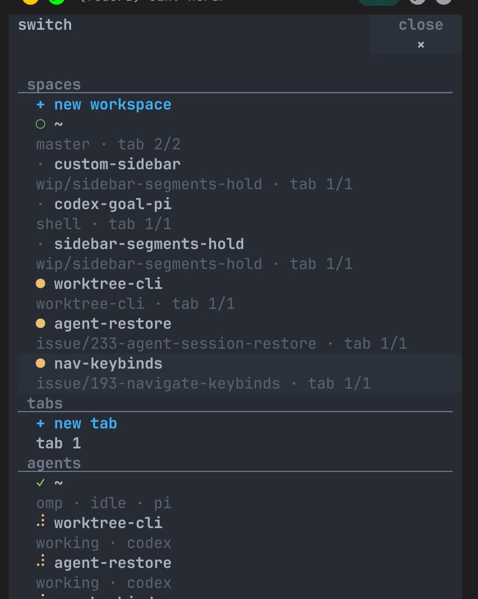 Herdr 的 switch 面板:spaces 段列出工作区及其 git 分支,agents 段列出各 Agent 的状态(来源:herdr 官方文档)