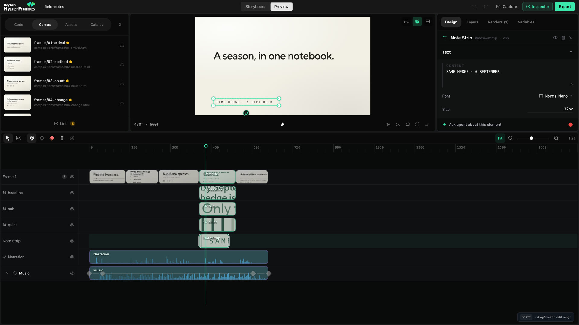 Studio 的选中文字、属性面板与旁白音乐轨道