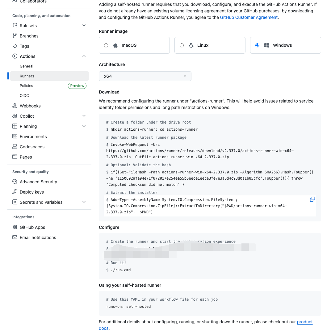 GitHub 生成的 Windows Self-hosted Runner 配置页面